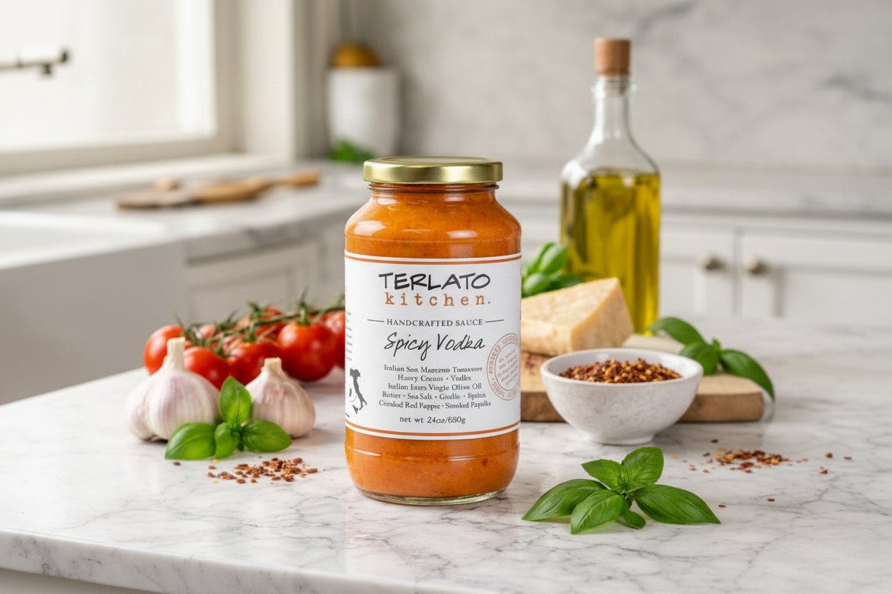 Jar of Terlato Kitchen Spicy Vodka sauce on a marble countertop with kitchen items in the background.